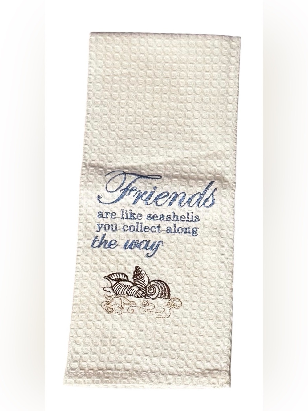 NWOT Embroidered kitchen towel hand dish seashell friends blue white nautical